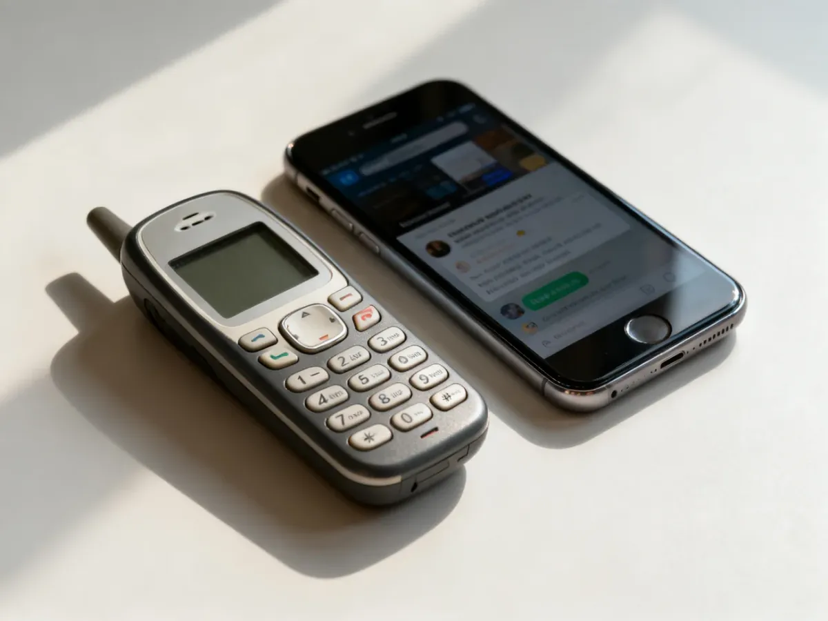 Klasyczny telefon z fizycznymi przyciskami obok nowoczesnego smartfona dotykowego