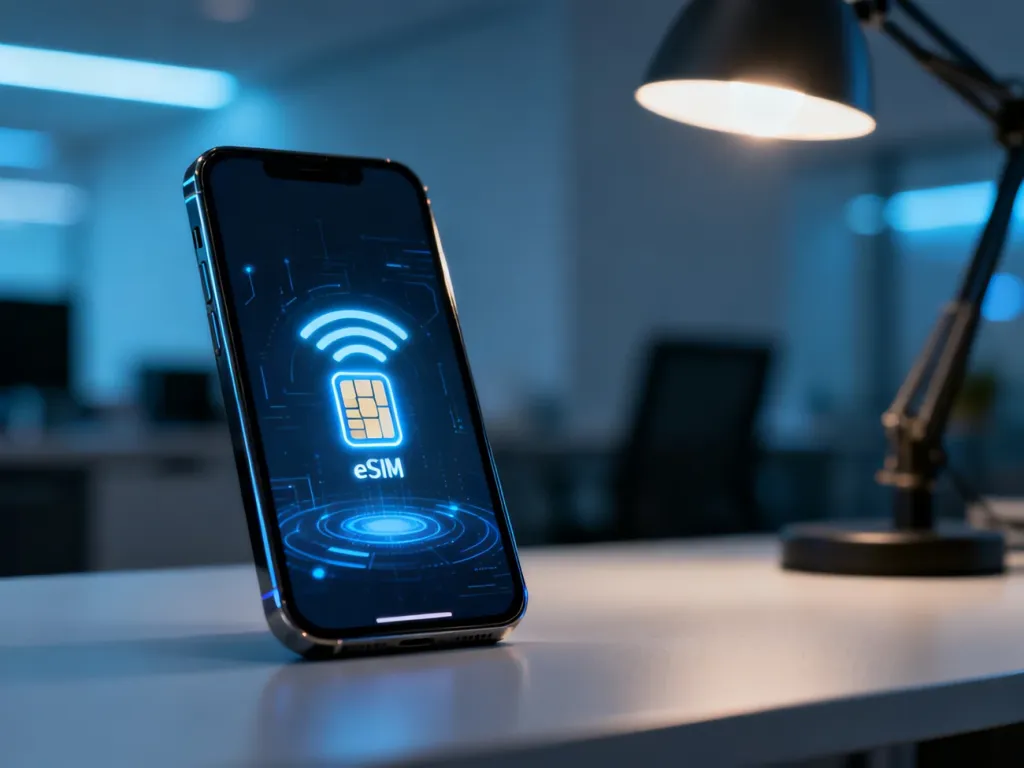 Nowoczesny smartfon na biurku z podświetloną ikoną sygnału, symbolizującą obsługę technologii eSIM.