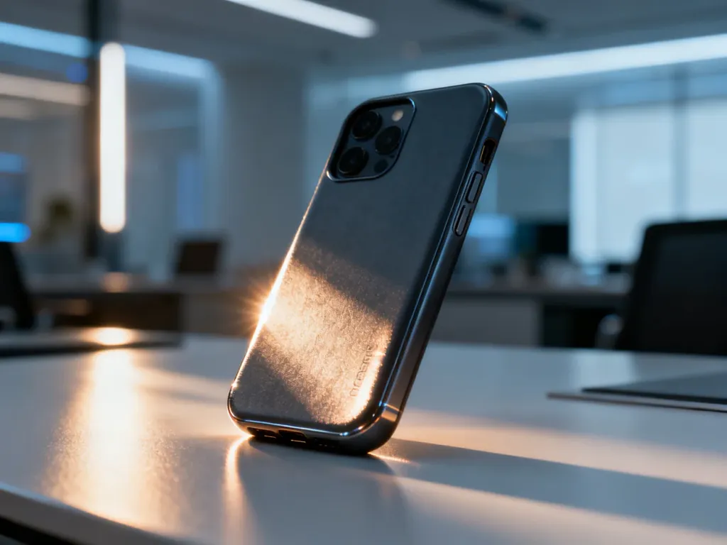 Eleganckie etui na telefon Oppo leżące na minimalistycznym biurku w nowoczesnym biurze.