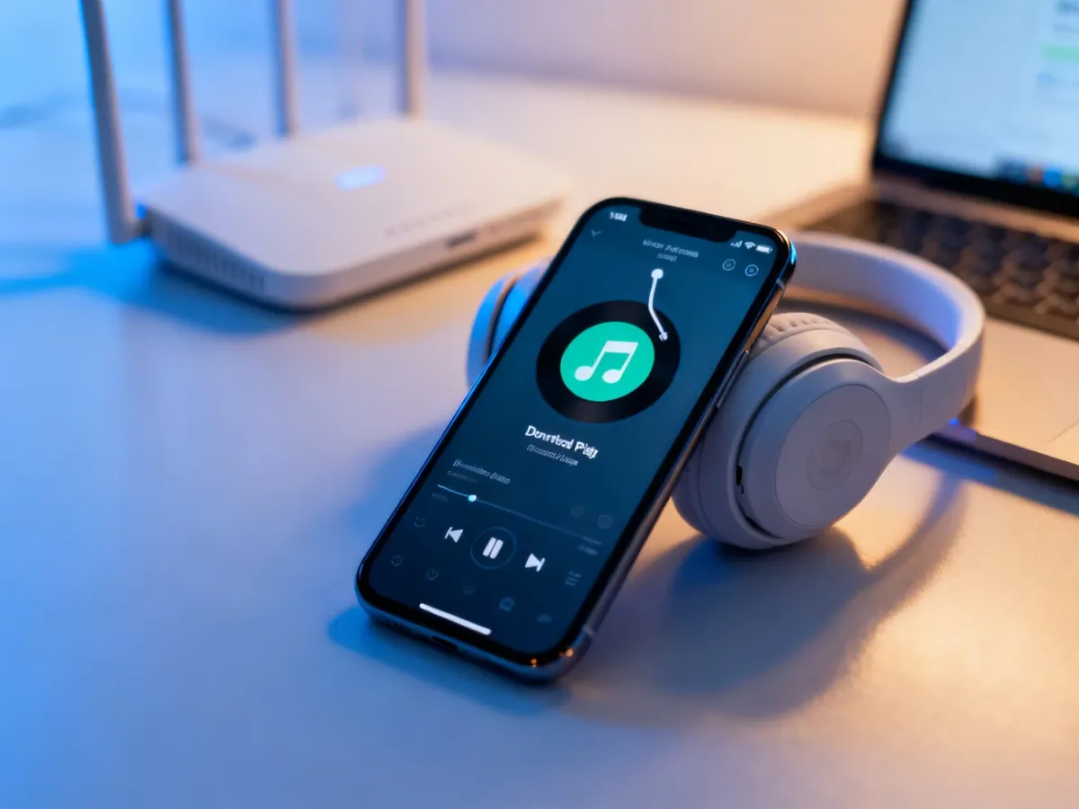 Smartfon z pobraną playlistą w aplikacji streamingowej obok słuchawek