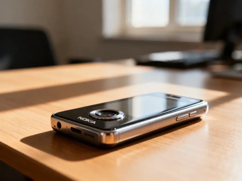 Smartfon Nokia N8 z metaliczną obudową i wyraźnym obiektywem aparatu, umieszczony na drewnianym biurku.