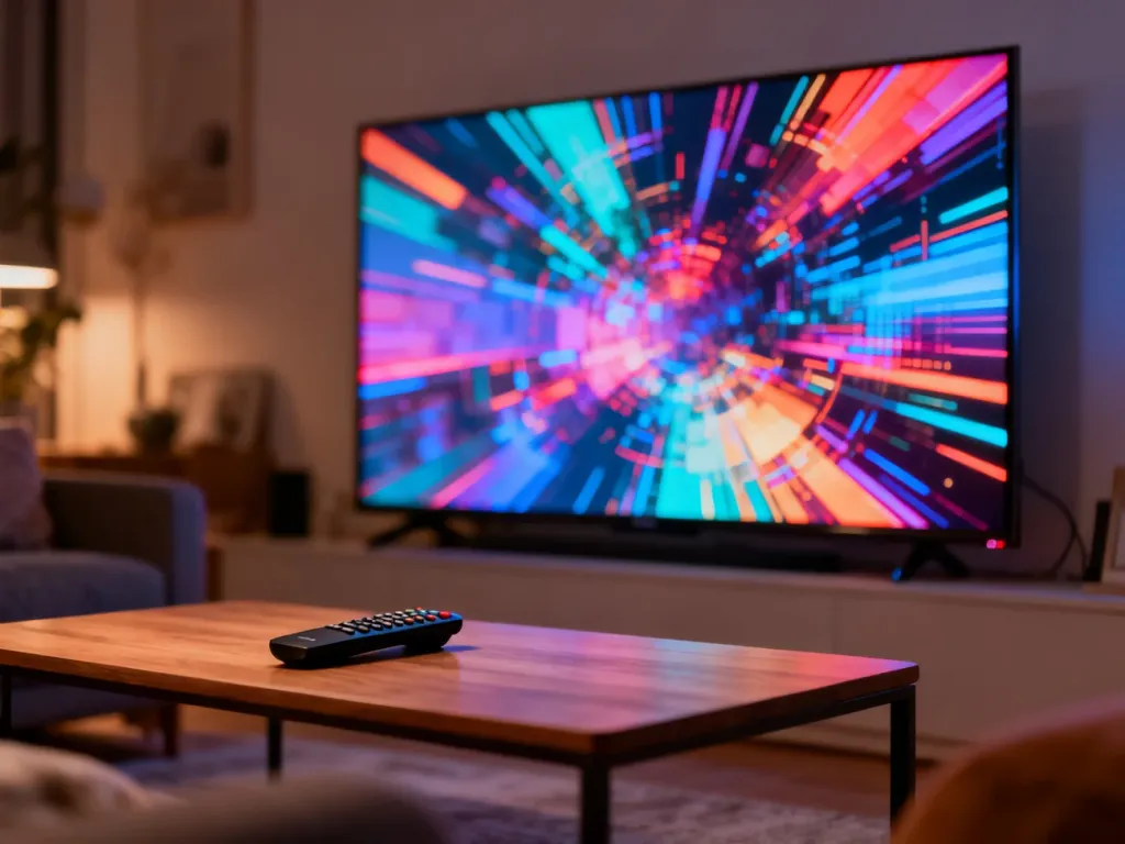 Nowoczesny telewizor smart TV w przytulnym salonie, gotowy do odtwarzania treści z YouTube.