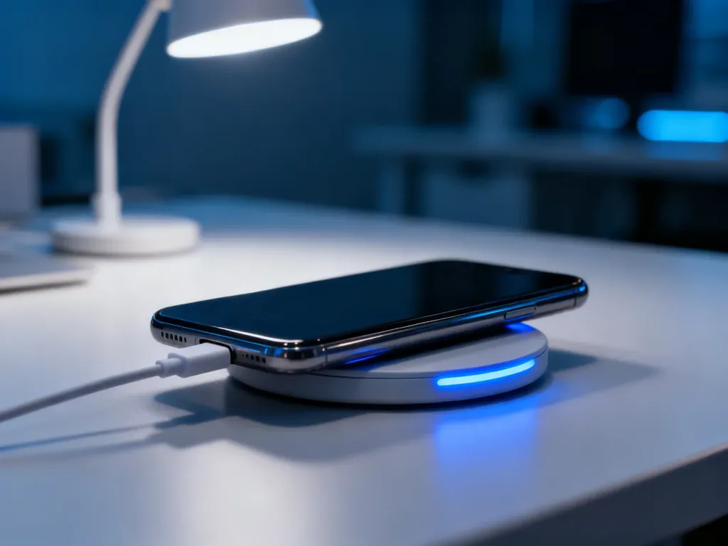 Nowoczesny smartfon leżący na bezprzewodowej ładowarce z włączonym niebieskim wskaźnikiem ładowania.
