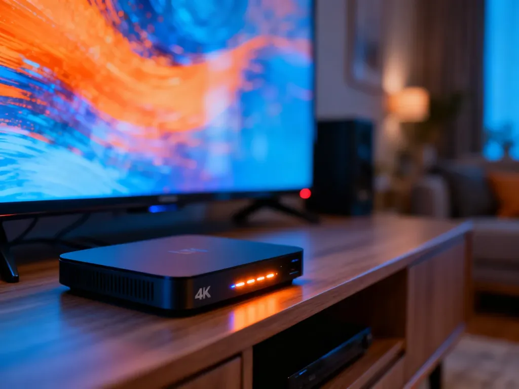 Nowoczesny dekoder 4K Smart Box na minimalistycznej szafce RTV w przytulnym salonie.