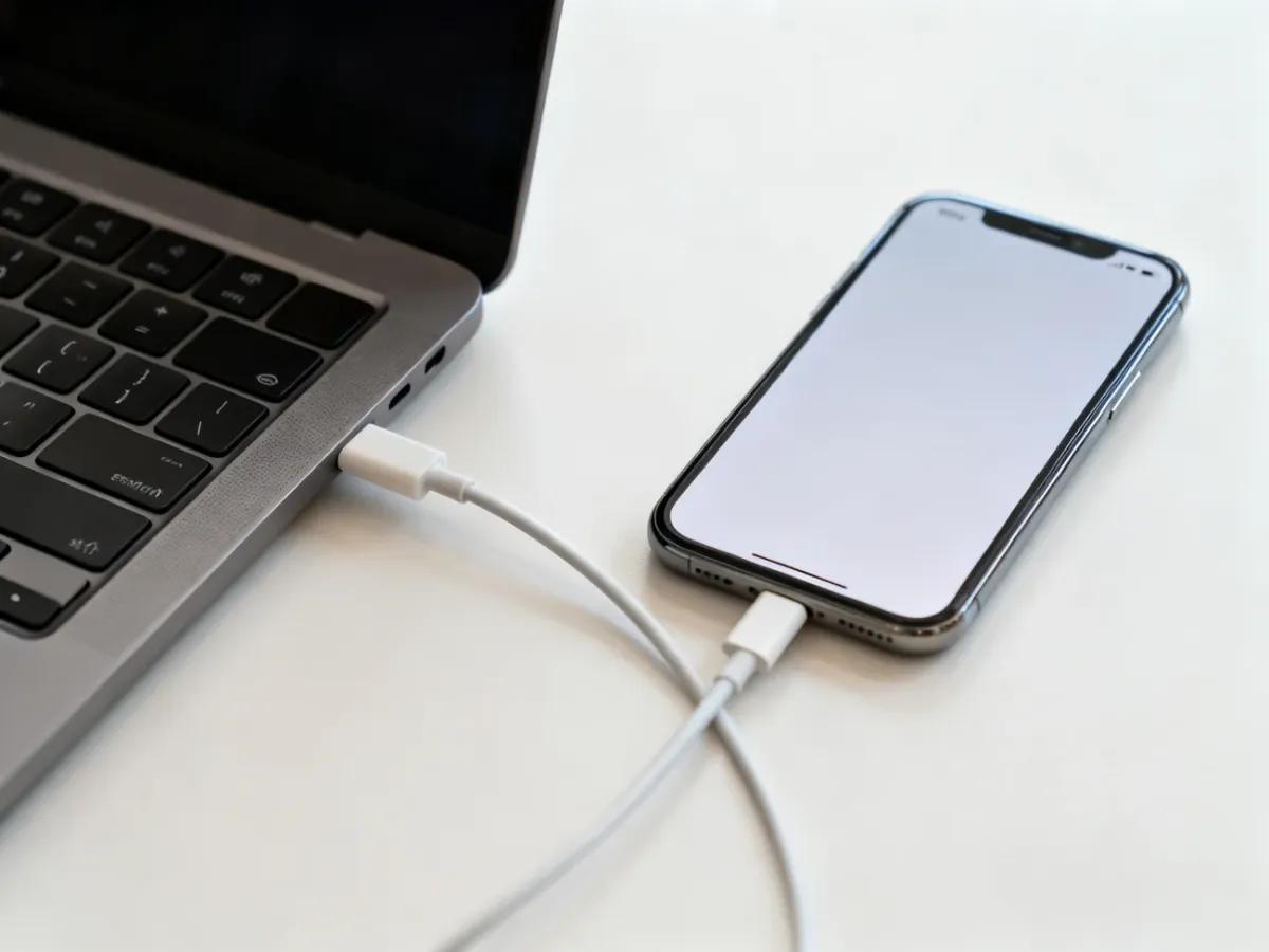 iPhone podłączony do laptopa podczas przywracania systemu