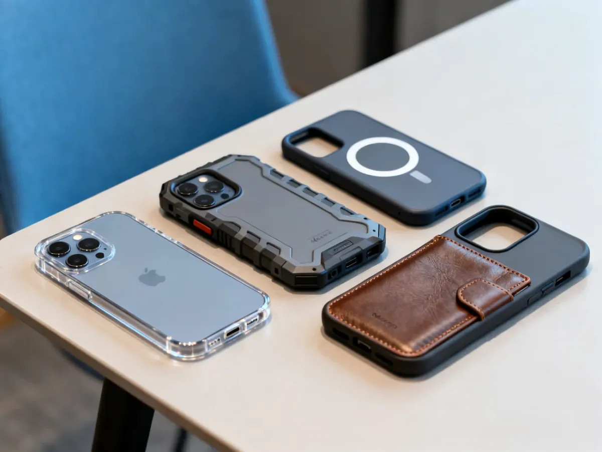 Różne rodzaje etui na iPhone’a ułożone obok telefonu