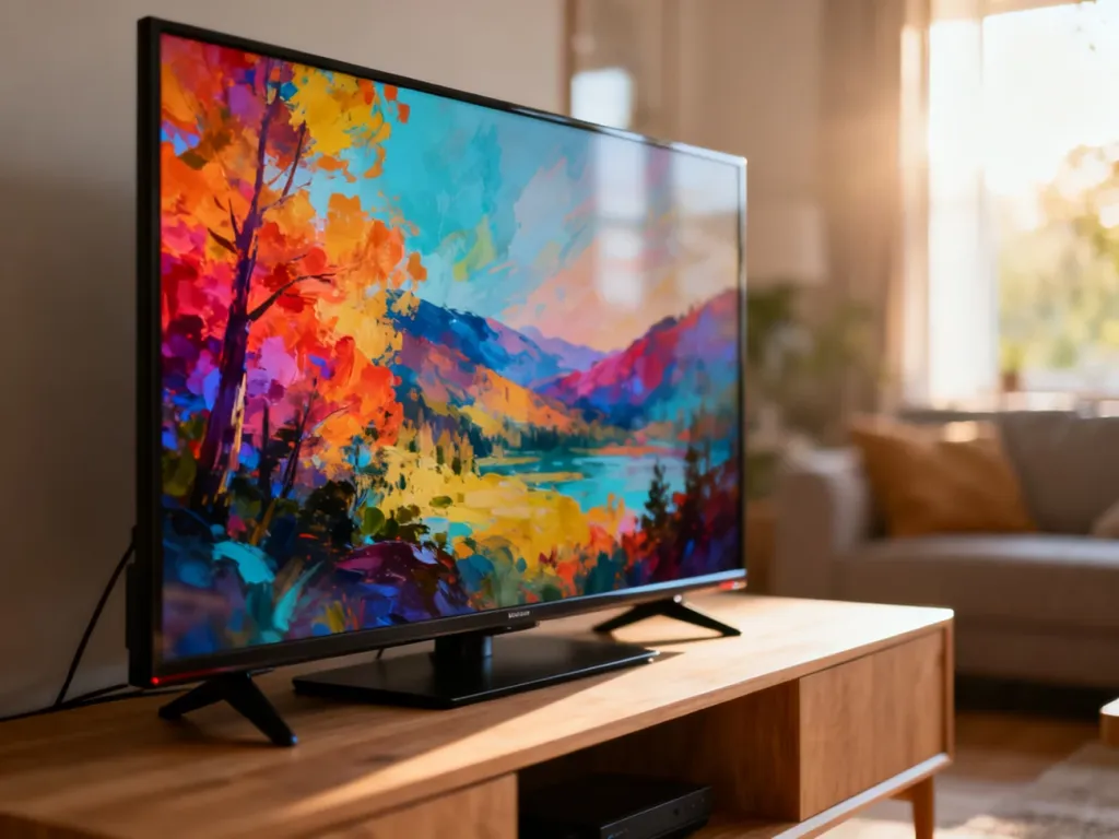 Nowoczesny telewizor Samsung 32 cale z kolorowym obrazem natury, ustawiony na drewnianej szafce w jasnym salonie.