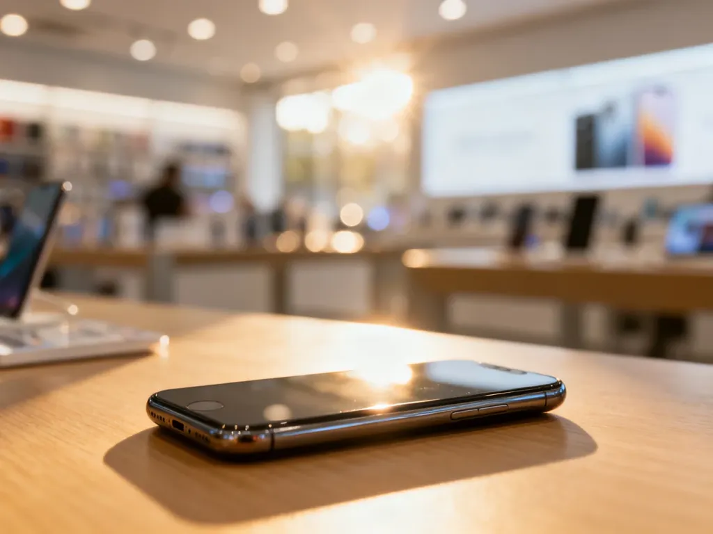 Nowoczesny smartfon leżący na minimalistycznym biurku w jasnym, profesjonalnym oświetleniu.