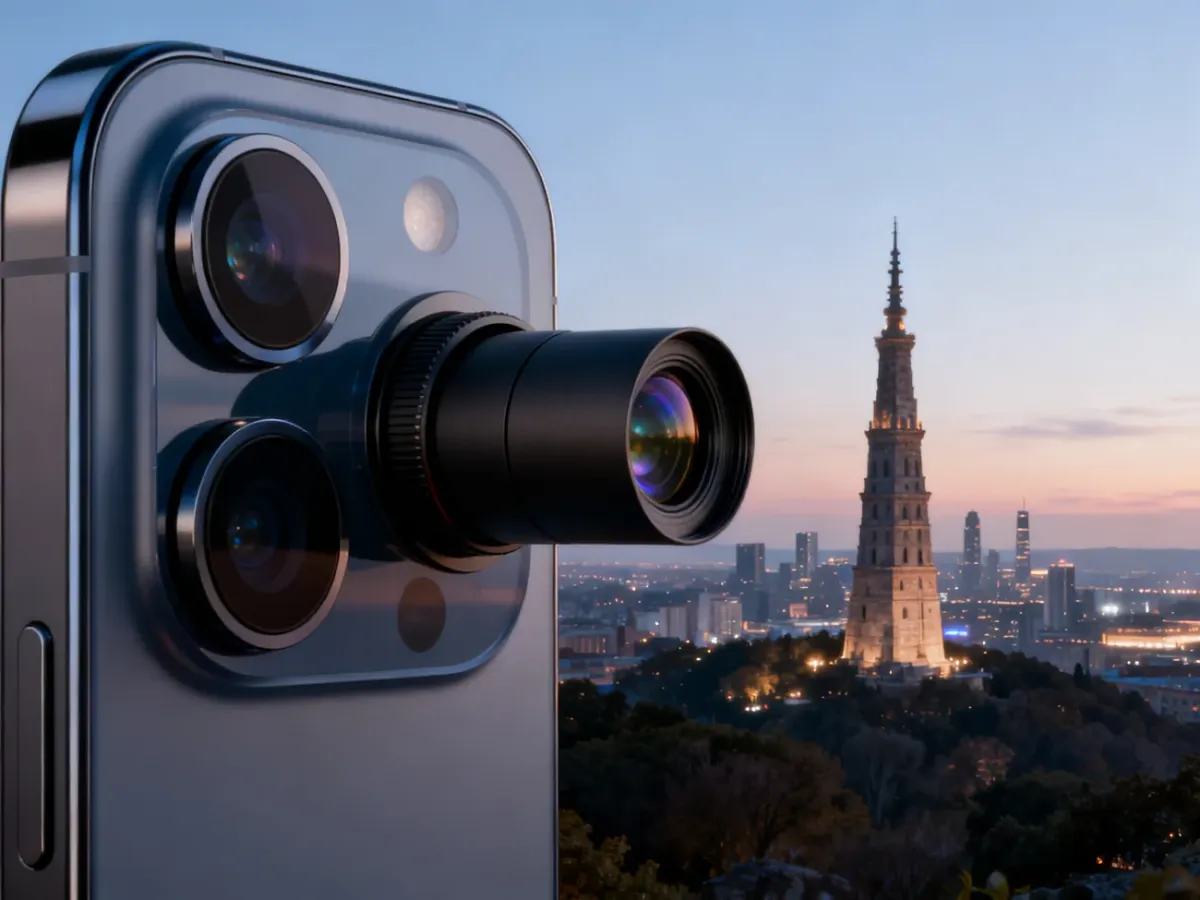 Smartfon z wieloma obiektywami fotografujący odległy miejski detal