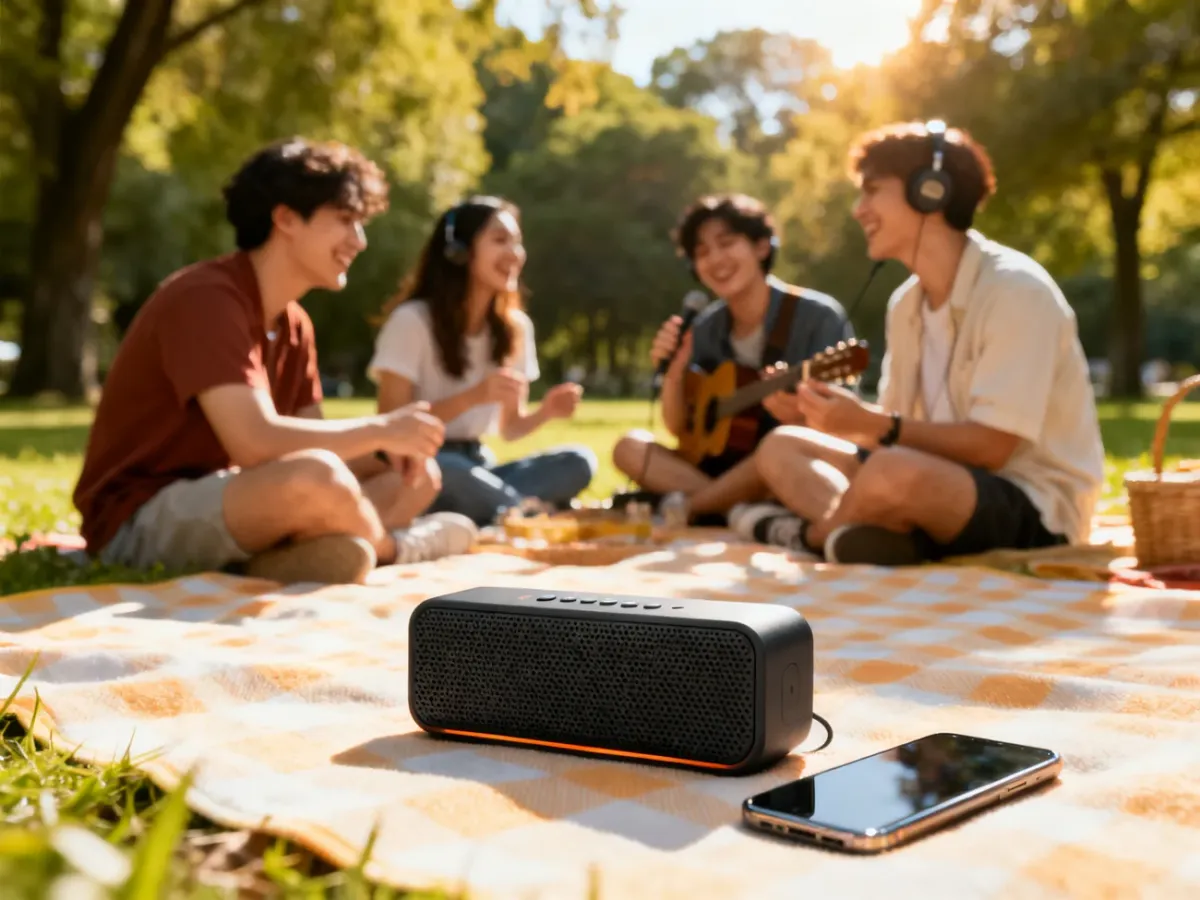 Przenośny głośnik Bluetooth podczas pikniku w parku