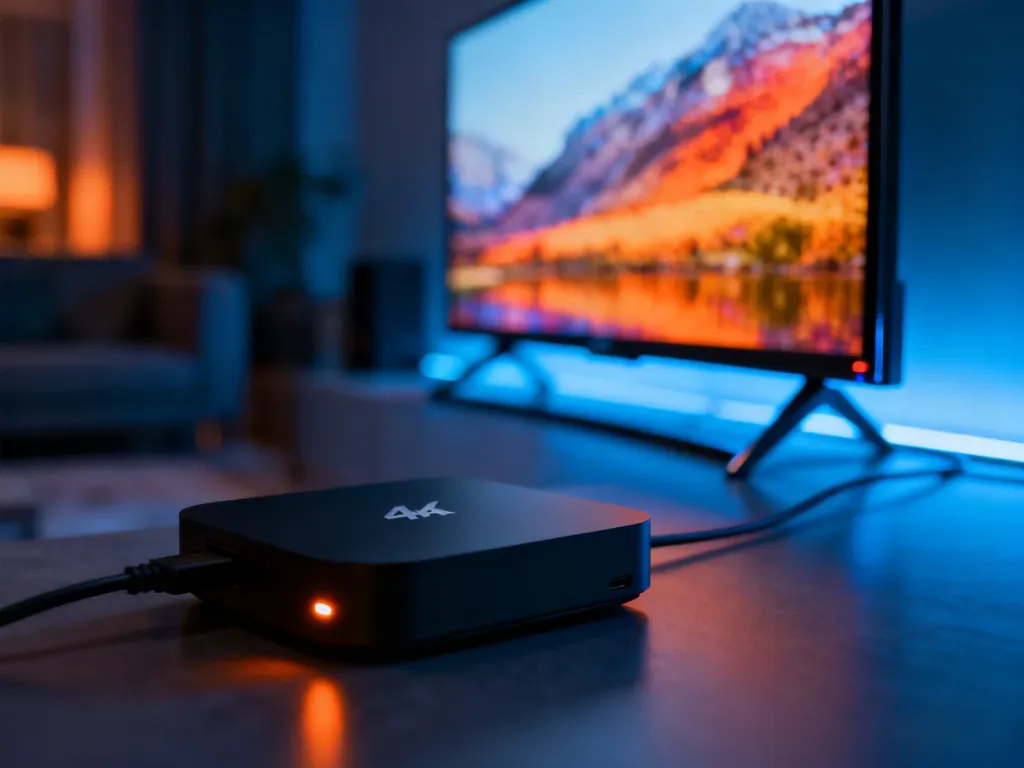 Kompaktowy odtwarzacz multimedialny 4K podłączony do nowoczesnego telewizora w przyciemnionym salonie.