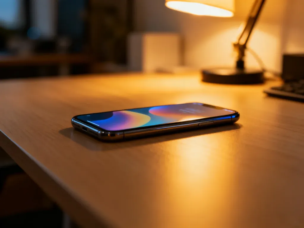 Nowoczesny smartfon leżący na drewnianym biurku w przytulnym domowym biurze.