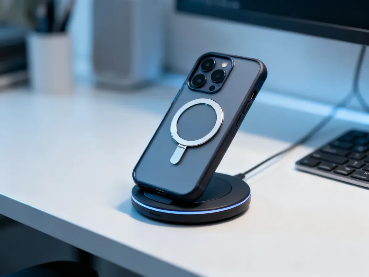 Smartfon w etui z magnetycznym pierścieniem umieszczony na ładowarce bezprzewodowej