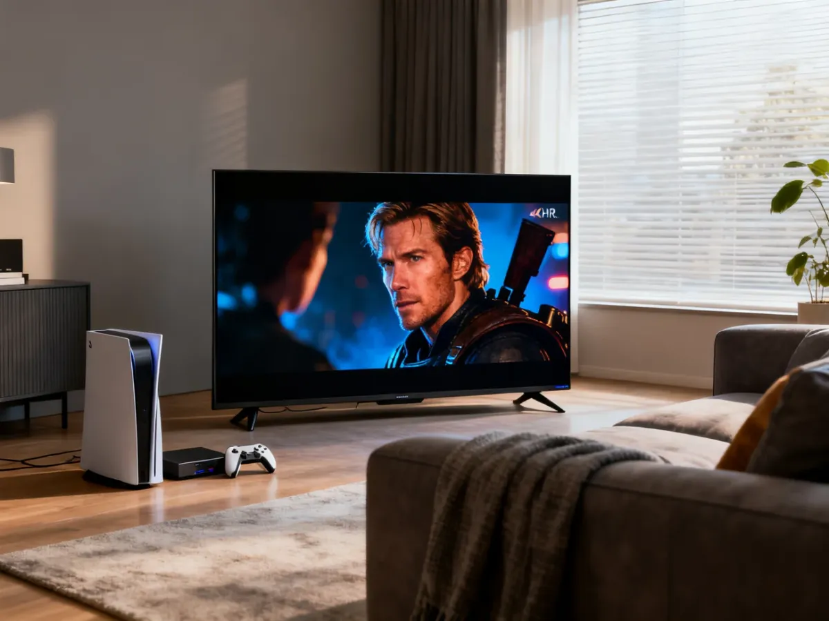 Telewizor 49–50 cali w salonie wyświetlający kontrastowy obraz HDR