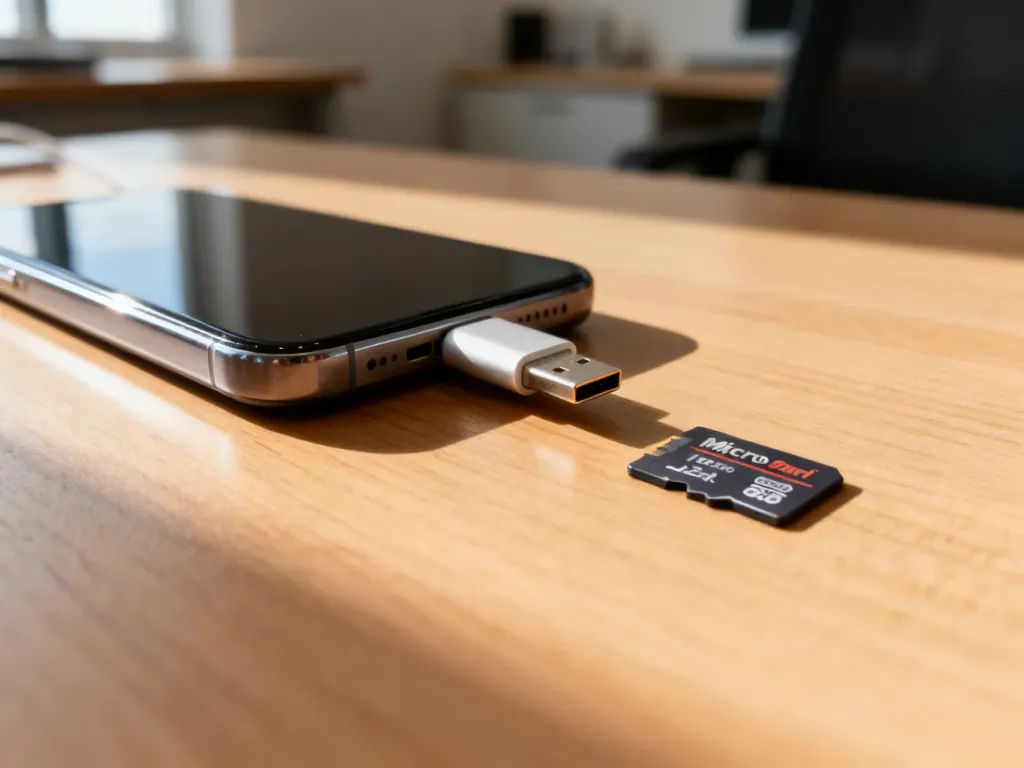 Smartfon połączony z kartą pamięci microSD za pomocą adaptera na drewnianym biurku.