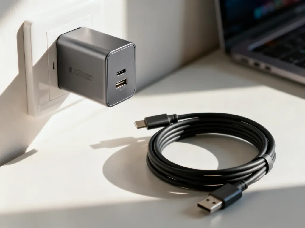 Nowoczesna ładowarka USB-C podłączona do gniazdka elektrycznego na minimalistycznym biurku.