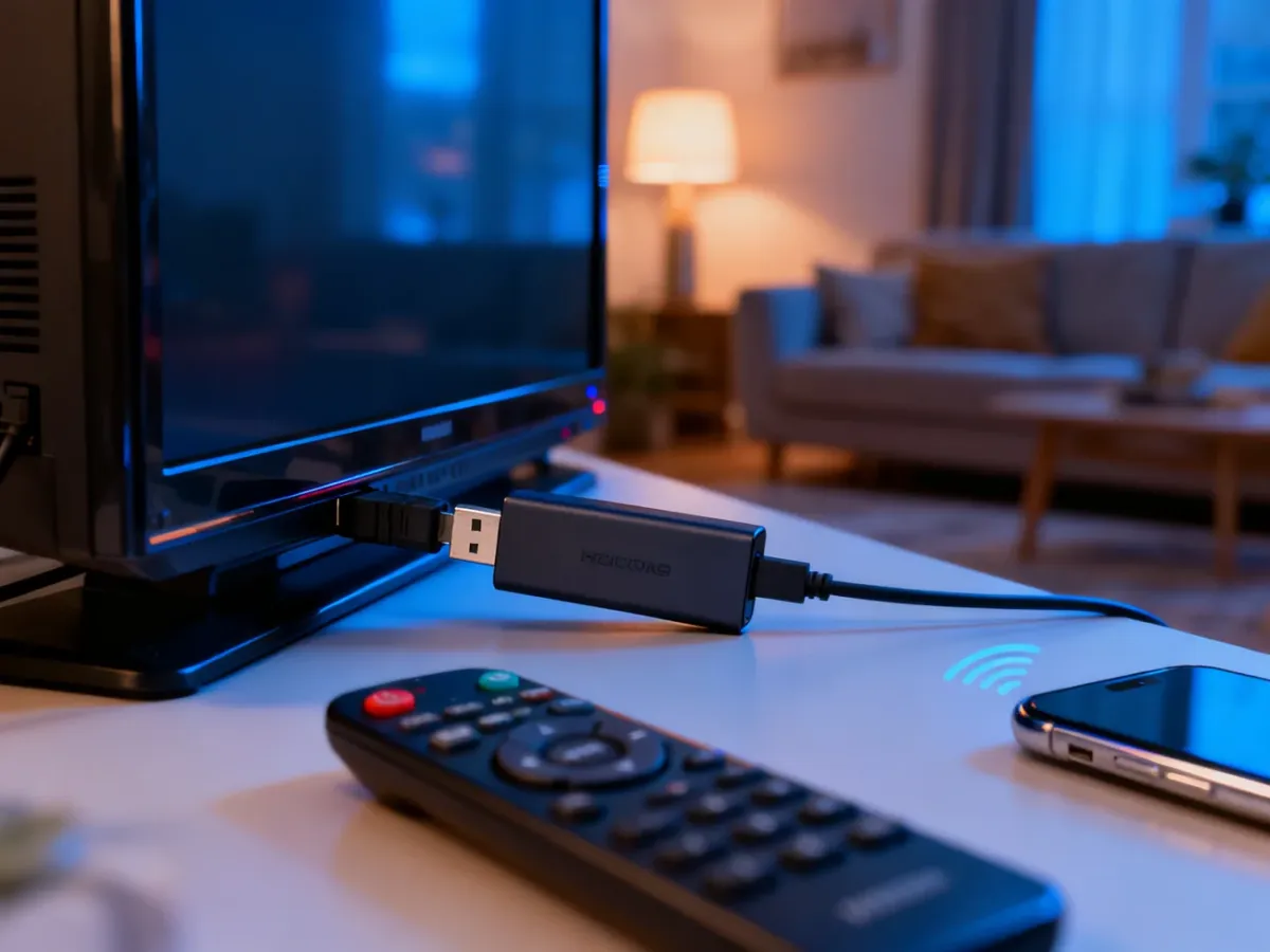 Przystawka HDMI podłączona do starszego telewizora i telefon do przesyłania obrazu
