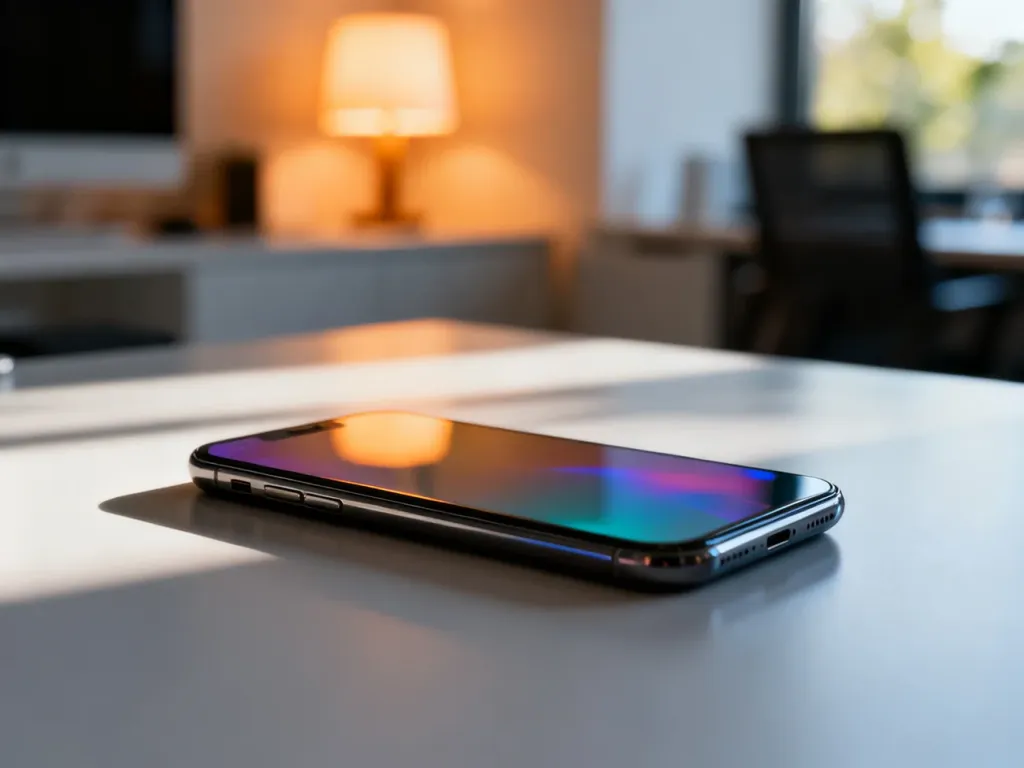 Nowoczesny smartfon Realme leżący na minimalistycznym biurku w domowym biurze, oświetlony miękkim światłem poranka.
