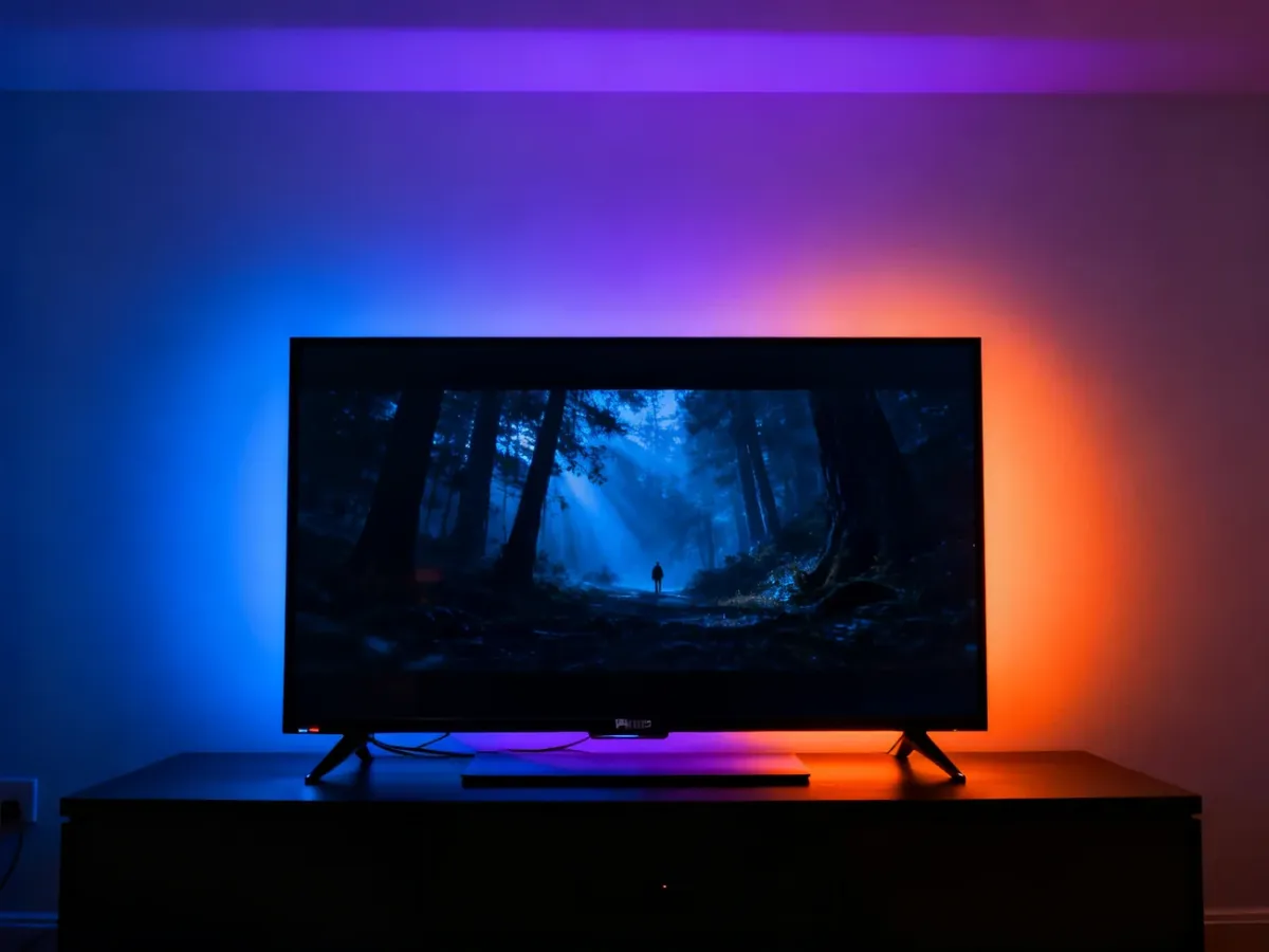Telewizor z tylnym podświetleniem Ambilight rzucającym kolorową poświatę na jasną ścianę