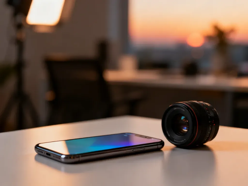 Nowoczesny smartfon z obiektywem aparatu na minimalistycznym biurku, podkreślający zaawansowane możliwości fotograficzne.