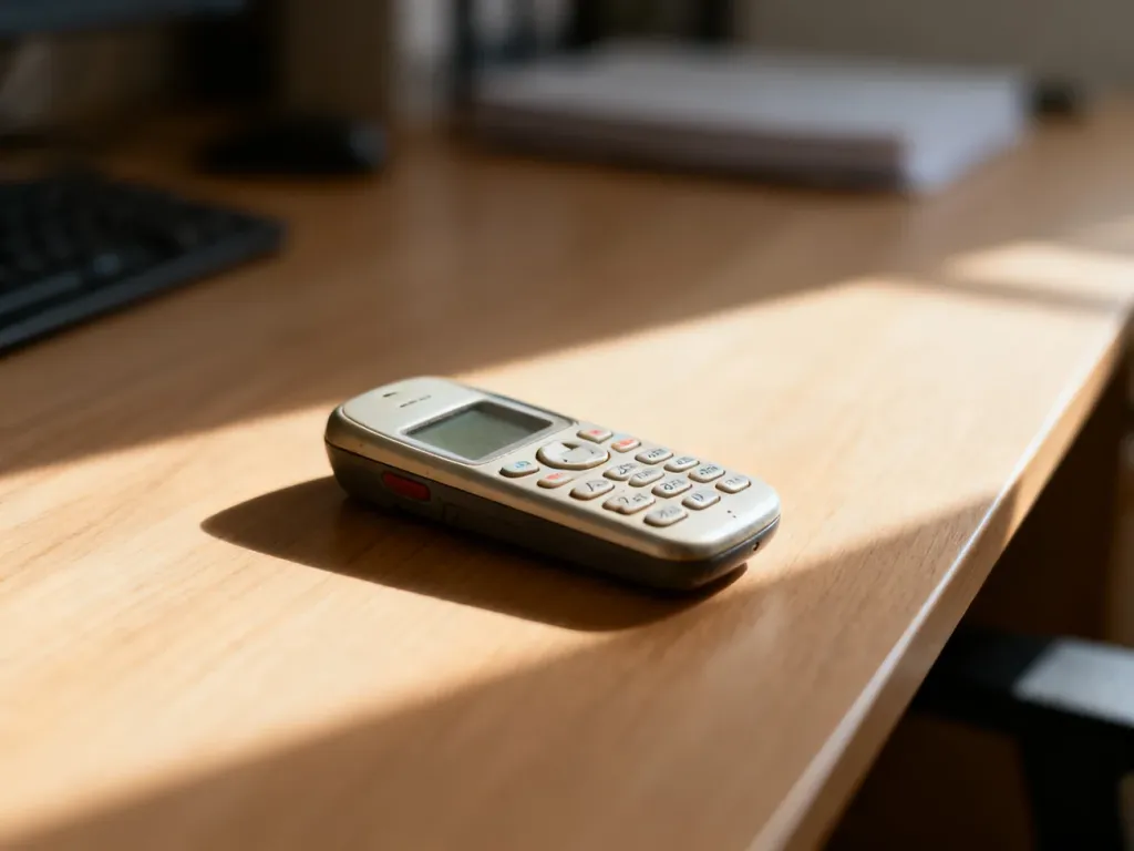 Klasyczny telefon z fizyczną klawiaturą na drewnianym biurku, podkreślający minimalistyczny styl urządzenia bez internetu.