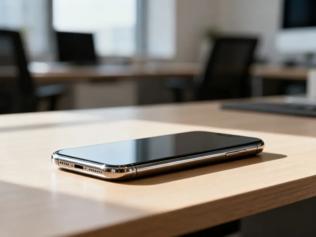 Nowoczesny smartfon Xiaomi leżący na minimalistycznym drewnianym biurku w słonecznym domowym biurze.
