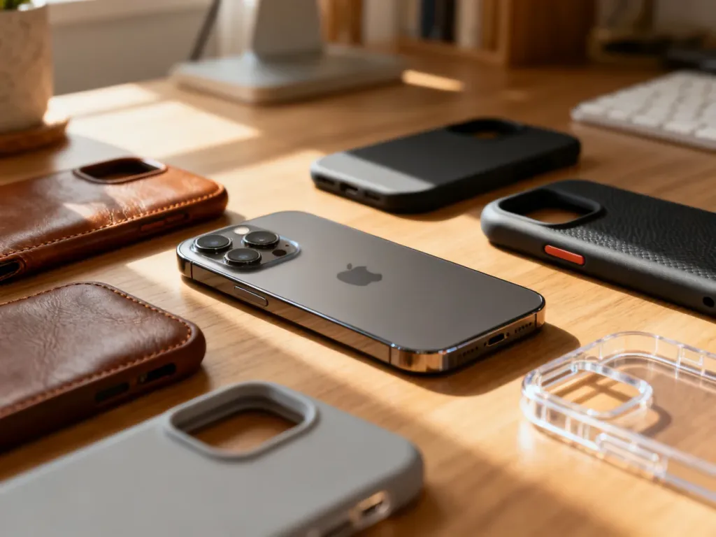 iPhone 16 Pro leżący na drewnianym biurku w otoczeniu różnorodnych etui ochronnych w domowym biurze.