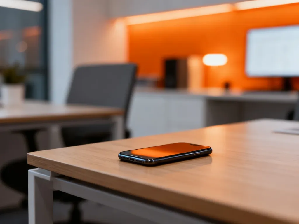 Nowoczesny smartfon na minimalistycznym biurku w otoczeniu pomarańczowych akcentów, nawiązujących do oferty Orange.