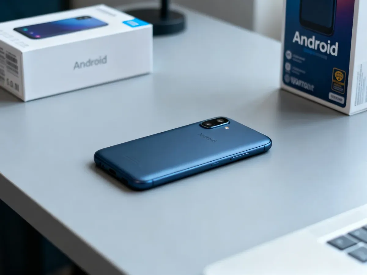 Budżetowy smartfon z Androidem na stole obok opakowania zakupowego