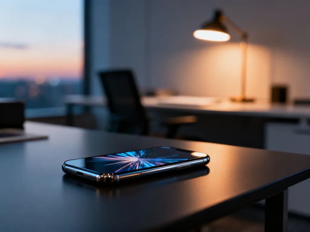 Nowoczesny smartfon z wyraźnym wyświetlaczem na minimalistycznym biurku w profesjonalnym biurze.