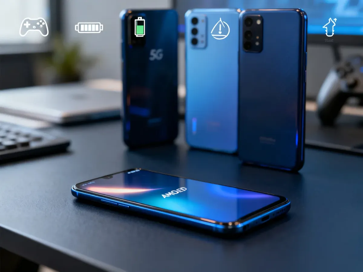 Nowoczesne smartfony 5G do 1000 zł ułożone na biurku