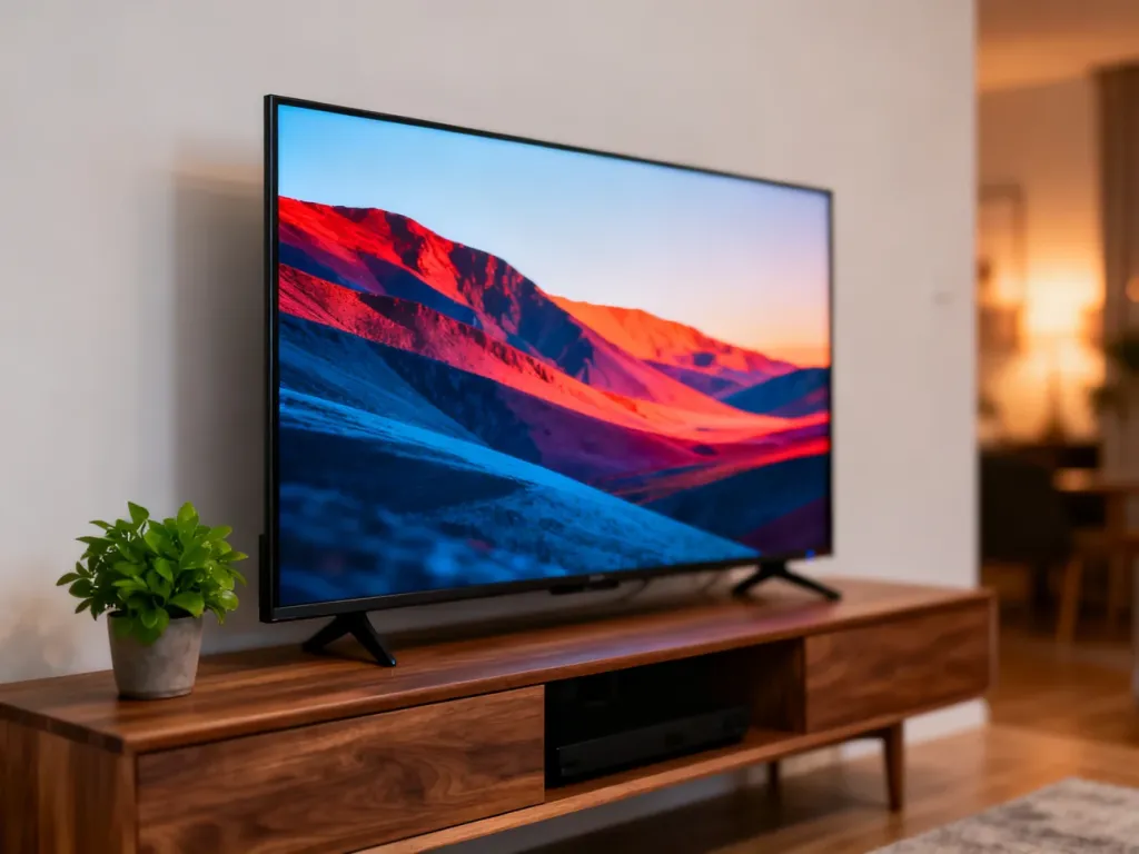 Nowoczesny telewizor 55 cali 4K wyświetlający barwny krajobraz w przytulnym, minimalistycznym salonie.