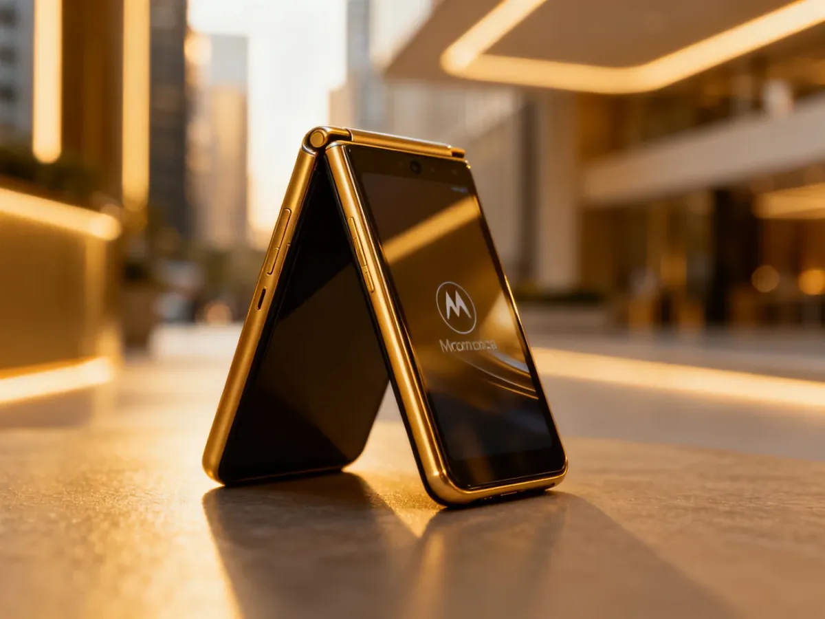 Składany smartfon Motorola Razr częściowo otwarty na tle nowoczesnego miasta