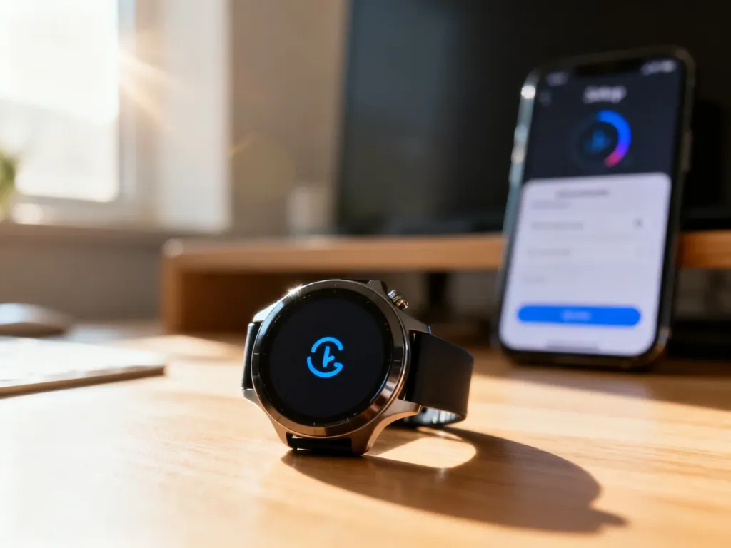 Smartwatch Redmi Watch 5 Lite leżący na drewnianym biurku obok smartfona z widocznym interfejsem konfiguracji połączenia.