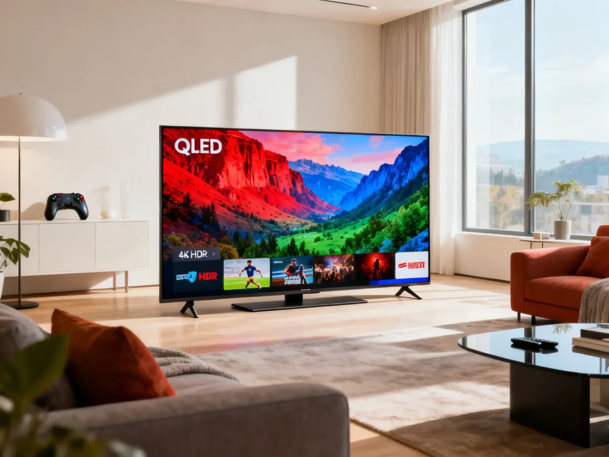 Telewizor QLED w jasnym salonie wyświetlający kolorowy obraz 4K HDR