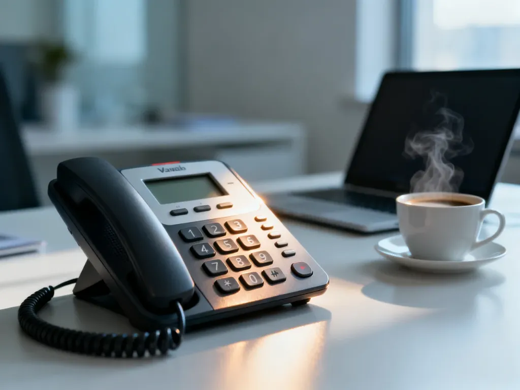 Nowoczesny telefon VoIP na biurku w biurze, symbolizujący profesjonalne rozwiązania komunikacyjne dla firm.