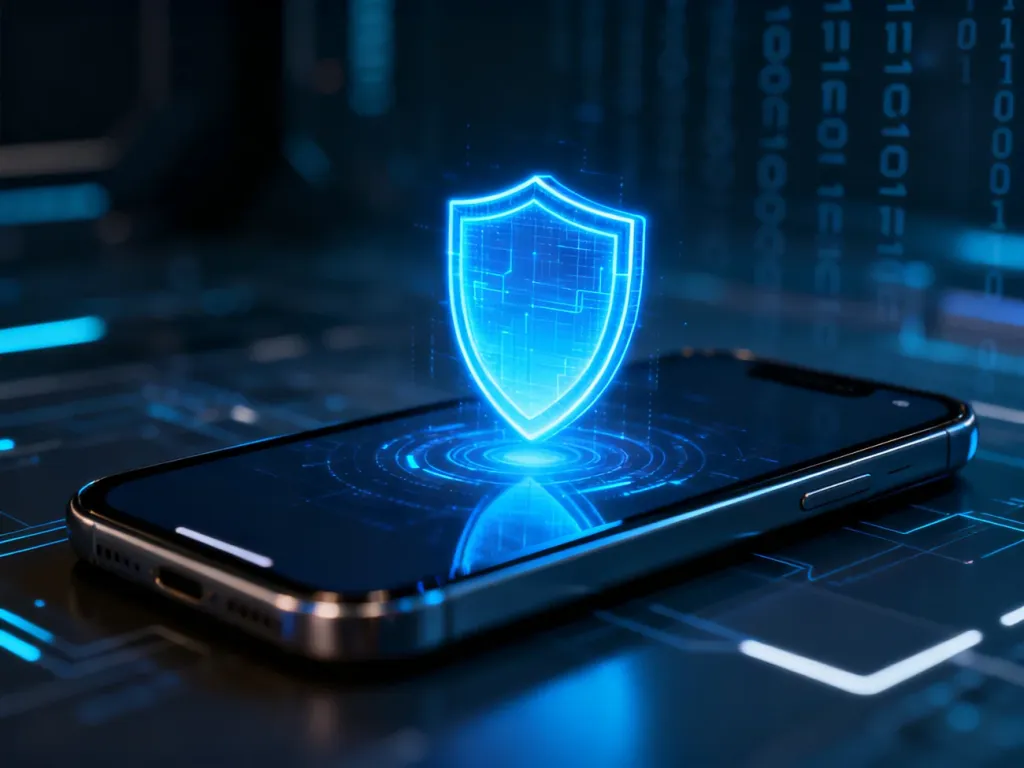 Holograficzna tarcza na ekranie smartfona symbolizująca skuteczną ochronę przed wirusami i cyberzagrożeniami.