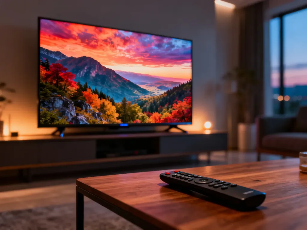 Nowoczesny telewizor 50-calowy w minimalistycznym salonie, prezentujący wysoką jakość obrazu w przytulnym wnętrzu.