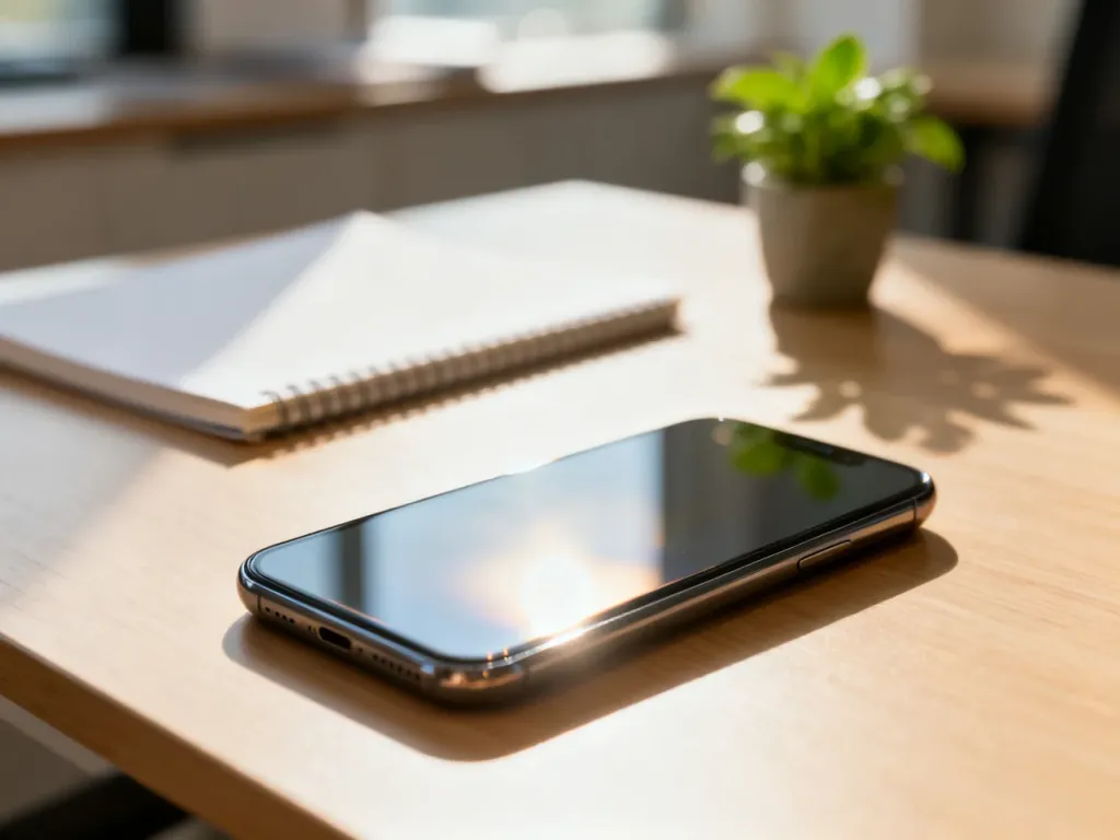 Nowoczesny smartfon leżący na drewnianym biurku w jasnym, minimalistycznym biurze domowym.