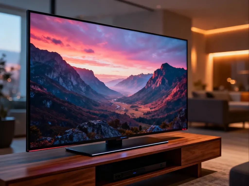 Nowoczesny telewizor 8K OLED wyświetlający kinowy krajobraz w minimalistycznym salonie.
