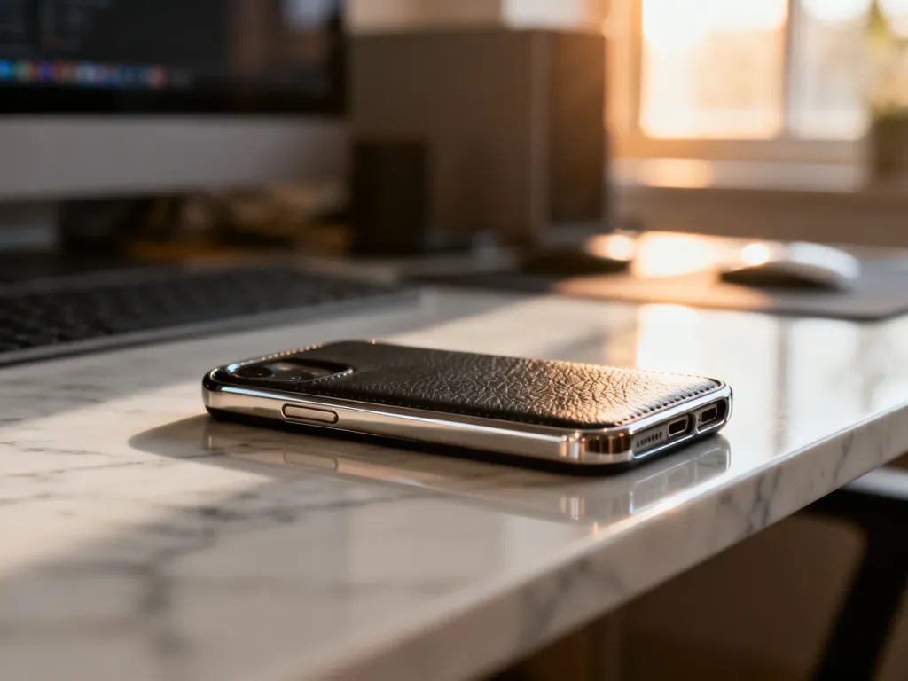 Eleganckie skórzane etui z metalową ramką na marmurowym biurku, prezentujące stylową ochronę dla iPhone’a 17.
