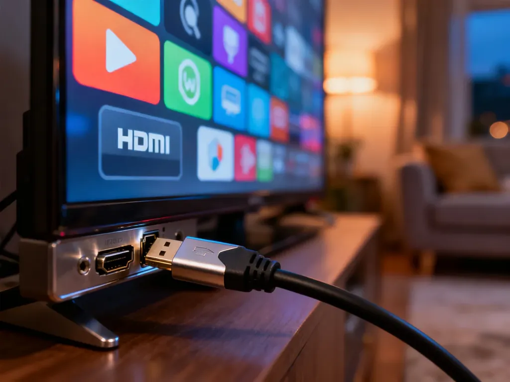 Wtyczka kabla HDMI wsuwana do portu telewizora, na którego ekranie widoczne są ikony wyboru źródła sygnału.