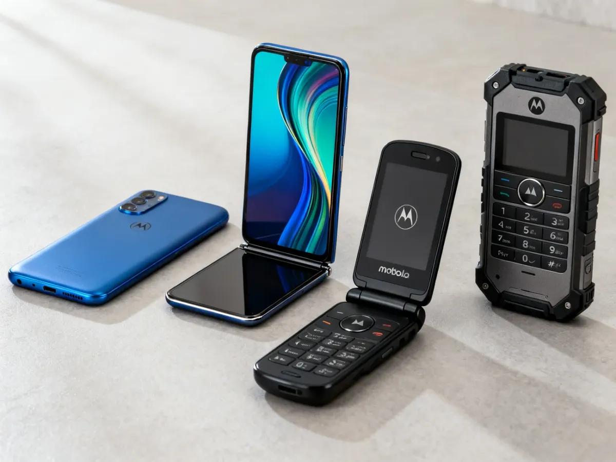 Zestaw smartfonów Motorola reprezentujących codzienne użytkowanie, multimedia, składany design i pracę biznesową