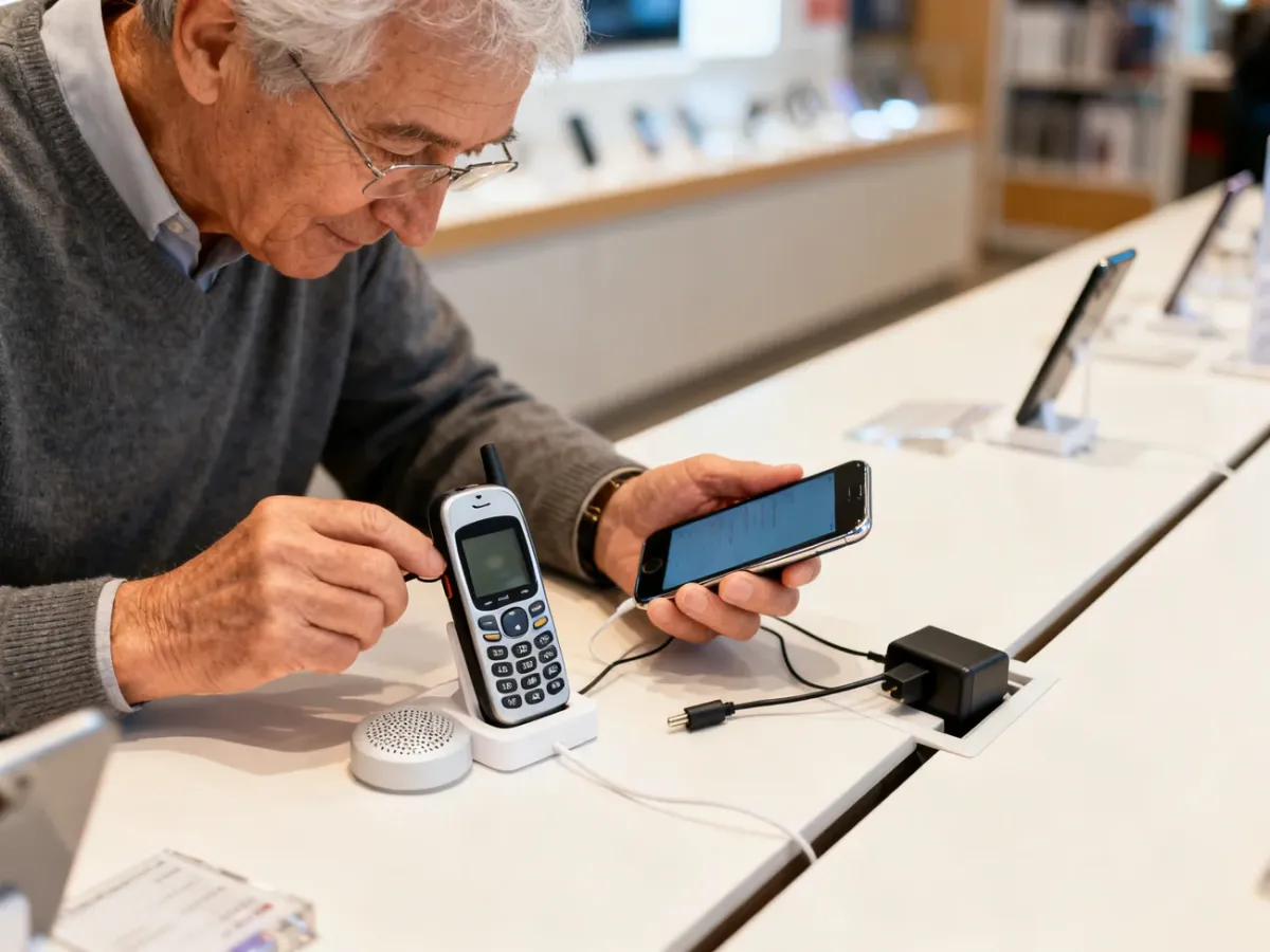 Senior comparing a simple button phone and a smartphone in a store