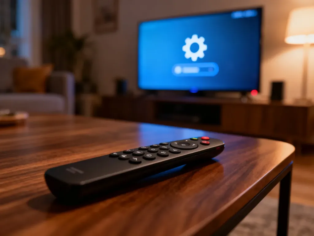 Nowoczesny pilot do telewizora leżący na drewnianym stoliku, w tle rozmyte menu ustawień na ekranie TV.