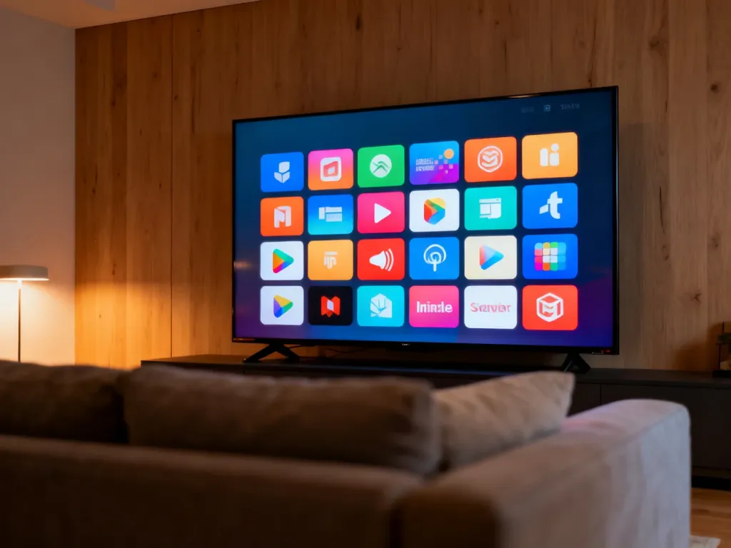Nowoczesny telewizor Smart TV z widocznym menu aplikacji na ekranie, zamontowany na minimalistycznej drewnianej ścianie.