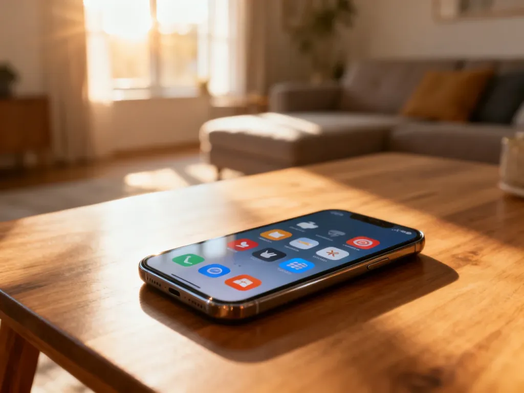 Nowoczesny smartfon z dużymi, czytelnymi ikonami na ekranie, idealny dla seniora, leżący na drewnianym stole.