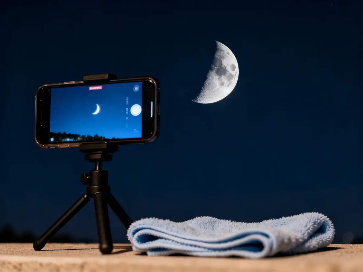 Smartfon na małym statywie przygotowany do fotografowania Księżyca
