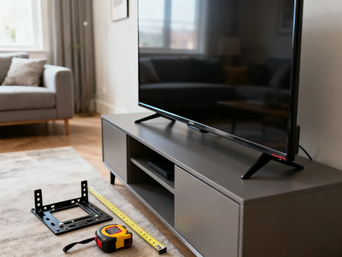 Telewizor 40 cali na szafce RTV z akcesoriami do pomiaru i montażu