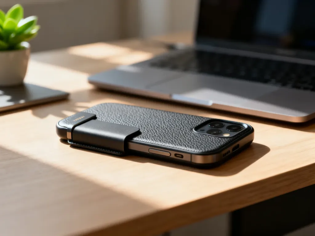 Nowoczesny smartfon Samsung w eleganckim etui ochronnym, leżący na minimalistycznym drewnianym biurku.